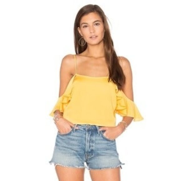 L'Academie X Revolve Marigold Yellow Off-Shoulder Ruffle Satin Cami Top M - Picture 10 of 12